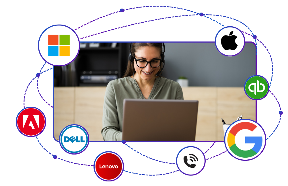 A woman wearing glasses and headphones works on a laptop, surrounded by logos of major tech companies, highlighting the importance of Managed IT & Cloud Services for secure and efficient business operations.